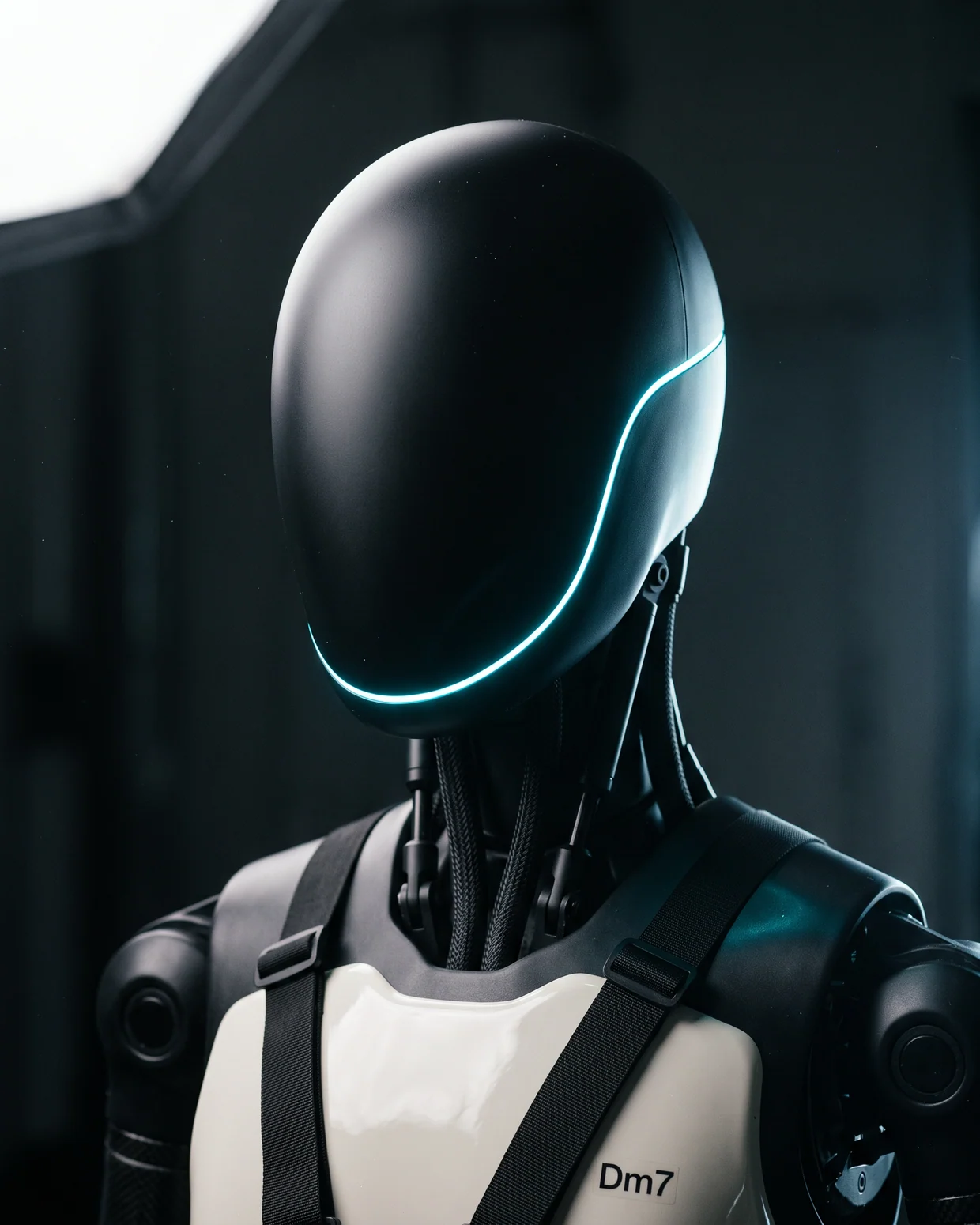 DM7 dijital çalışanı — göğsünde Dm7 işareti taşıyan humanoid robot